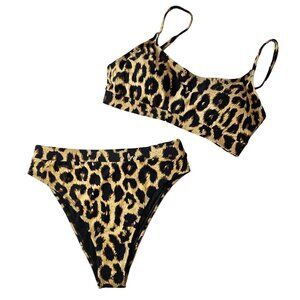 Womens Leopard Print Bikini Set Adjustable Straps & High-Waist Bottoms Size L